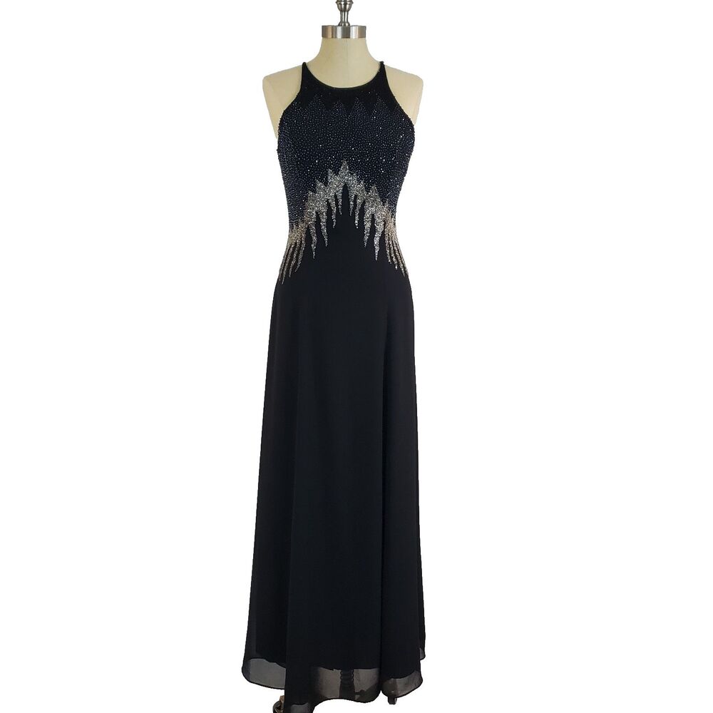 Aspeed Hand Beaded Halter Maxi Dress S Black Whimsigoth Witchy Formal Prom